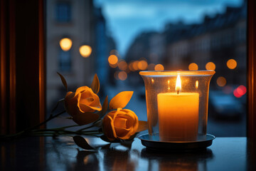 Burning candle on the windowsill and mourning flowers