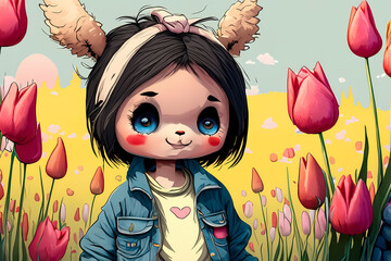 Kleines Mädchen mit Stirnband und Jeansjacke auf einer Wiese mit Tulpen
