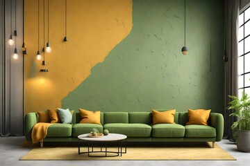modern living room with green sofa and yellow pillows