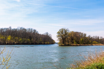 Confluence of the Lech into the Danube near Marxheim in Bavaria on a sunny spring day