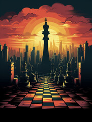 T-shirt design, a fusion of a chessboard and a city skyline at sunset created with Generative Ai