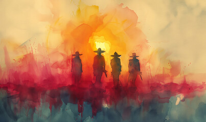 watercolor illustration of mexican pistoleros walking during sundown - 711785828