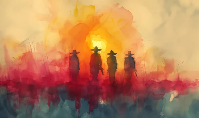 Fotobehang watercolor illustration of mexican pistoleros walking during sundown © meta-frames