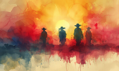 watercolor illustration of mexican pistoleros walking during sundown - obrazy, fototapety, plakaty