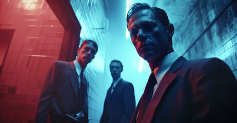 three men in business suits in a dramatic pose with cinematic lighting - obrazy, fototapety, plakaty