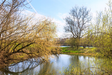 Confluence of the Lech into the Danube near Marxheim in Bavaria on a sunny spring day