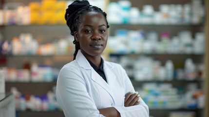 African American female pharmacist against the background of blurred shelves with medicines. Healthcare and medicine background