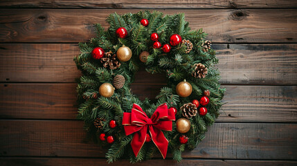 Fototapeta na wymiar Christmas wreath made of pine fir branches on a wooden background, decorated with red and gold balls and a bow