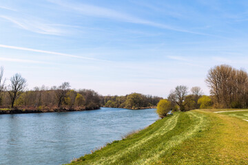 Confluence of the Lech into the Danube near Marxheim in Bavaria on a sunny spring day
