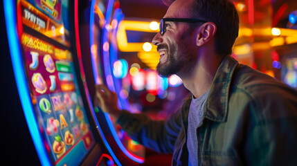Obraz premium Happy man playing slot machine in casino. Gambling theme