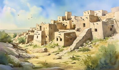 painting of an ancient adobe pueblo in the American southwest - obrazy, fototapety, plakaty