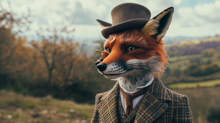 Dapper Fox in Monocle and Bowler Hat Outdoors - obrazy, fototapety, plakaty