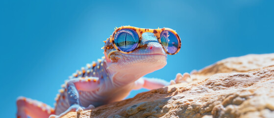 Gecko with Sunglasses Basking on a Rock - obrazy, fototapety, plakaty