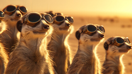 Meerkats with Aviator Goggles at Sunset - obrazy, fototapety, plakaty