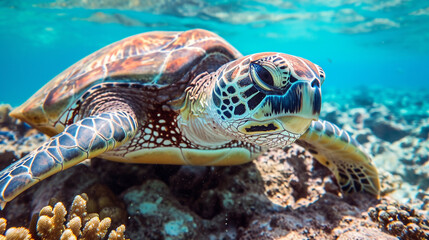 Fototapeta premium Sea turtle close-up over a coral reef in the Maldives. Travel and vacation background.
