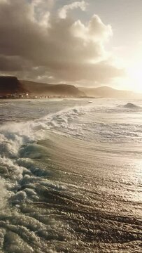 Waves at sunset in the North Sea of Gran Canaria, recorded vertically with drone in 4K