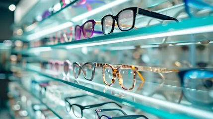 Fotobehang Spectacle optics shop, Fashion glasses on display on the shelf of the optical store mall © Lansk