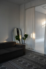 A modern sofa and a mirror on a white wall background. Living room interior