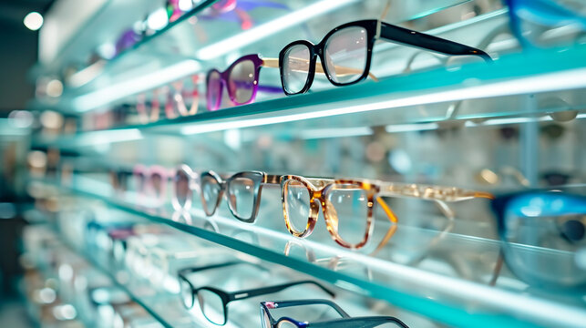 Spectacle optics shop, Fashion glasses on display on the shelf of the optical store mall