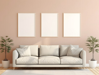 Three blank frames mockup hang in a living room
