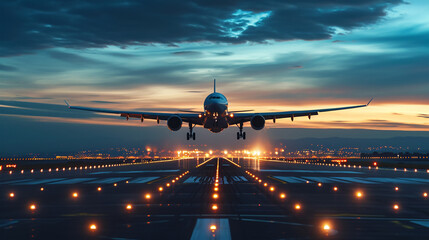 Takeoff or landing of a modern airliner against the background of the blue sky at the runway and lights of a modern airport. Travel and transportation concept - obrazy, fototapety, plakaty