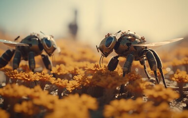 Fototapeta premium Robot bees fly out of the hive, fly over dried flowers