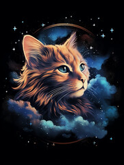 T-shirt design, a dreamy illustration of a sleeping cat, its fur made up of countless constellations and galaxies created with Generative Ai