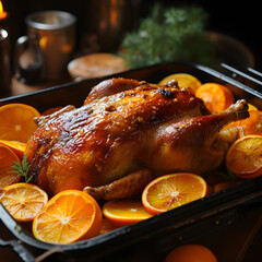 a roast chicken with oranges in a pan