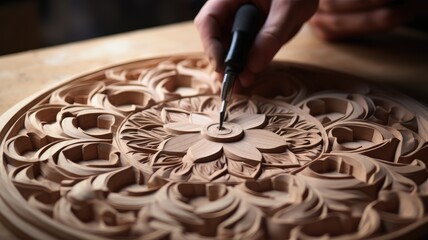 Obraz premium ornament wood carving in woodworking, a wood carving mandala ornament against a natural timber material backdrop, a composition in a minimalist modern style.