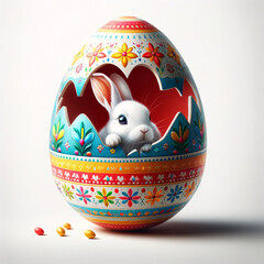 Adorable lapin blanc, drôle dans un œuf en chocolat, peint et coloré pour les fêtes de paques idéal pour illustrer et célébrer paques
