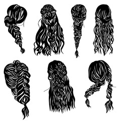 Set of silhouettes of fashionable hairstyles with braiding for long hair, voluminous braids and styling - obrazy, fototapety, plakaty