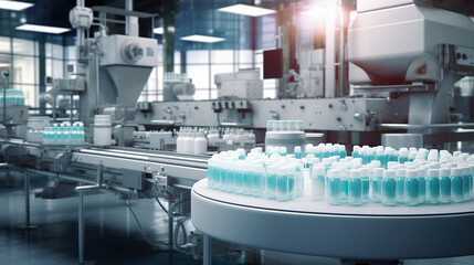 Production of pharmaceuticals, healthcare products, and cosmetics. Bottles with liquid on production line. Modern manufacturing facility. Life sciences industry, biotechnology. - obrazy, fototapety, plakaty