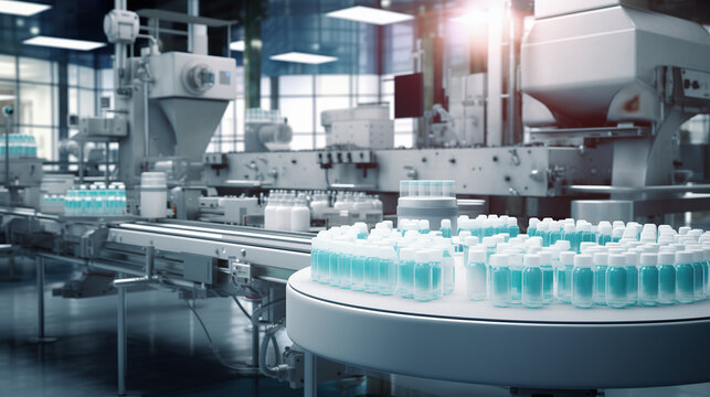 Production of pharmaceuticals, healthcare products, and cosmetics. Bottles with liquid on production line. Modern manufacturing facility. Life sciences industry, biotechnology.