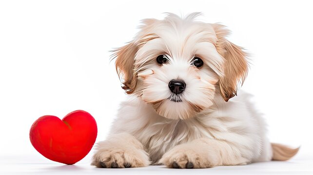 a cute lover Valentine Havanese puppy dog lying with a red heart, isolated on a white background, embodying a minimalist modern style composition.