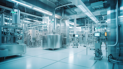 Large brightly lit hall with metal tanks and lab equipment. Interior of a biopharmaceutical medicine factory. Advanced technology.