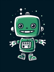 Obraz na płótnie Canvas T-shirt design, Minimalist white on a green background negative space whimsical cuteness, Robot created with Generative Ai