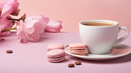 Fototapeta na wymiar a flower composition with a pink orchid, a steaming cup of coffee or hot drink, and a macaroon on a pastel pink background of Valentine's Day and Happy Women's Day.