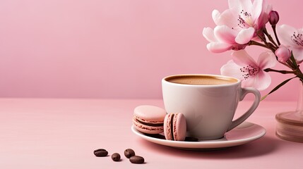 a flower composition with a pink orchid, a steaming cup of coffee or hot drink, and a macaroon on a pastel pink background of Valentine's Day and Happy Women's Day.