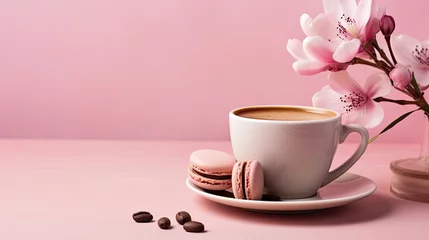 Foto op Plexiglas a flower composition with a pink orchid, a steaming cup of coffee or hot drink, and a macaroon on a pastel pink background of Valentine's Day and Happy Women's Day. © lililia