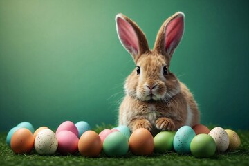 Fototapeta na wymiar easter rabbit and easter eggs on green background