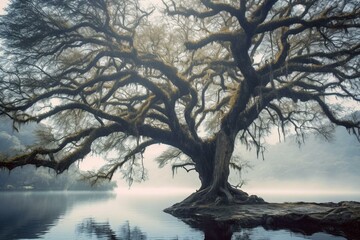 Enormous tree stretches branches towards heavens amidst lake. Generative AI