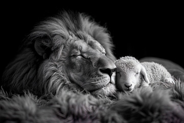 Lion resting beside a peaceful lamb, symbolizing the harmony and peace found in the Kingdom of God.