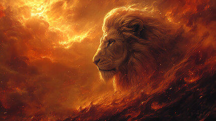 Portrait of a fire lion. AI
 - obrazy, fototapety, plakaty