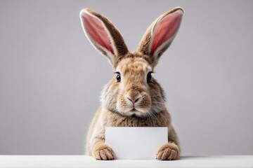 easter bunny with card on gray studio background