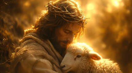 Jesus Christ as Shepherd, Lord and Saviour, gently holding a lamb. AI generated image	 - obrazy, fototapety, plakaty