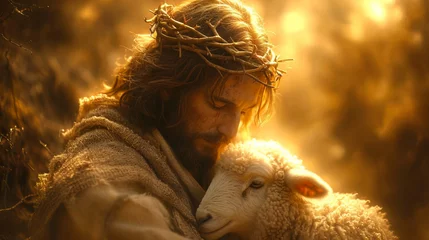 Fotobehang Jesus Christ as Shepherd, Lord and Saviour, gently holding a lamb. AI generated image  © Falk