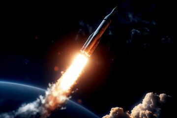 Space Rocket Flies in Space on Background of the Planet Earth. Successful Start of the Mission. Concept of space exploration, Satellite Launch, Flight to the Moon, Cosmonautics day.