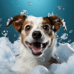 A happy smiling wet dog is taking a bath. Grooming for pets