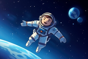 Floating outside the space station, a cheery cartoon astronaut in outer space. Concept of space exploration, Satellite Launch, Flight to the Moon, Cosmonautics day. 