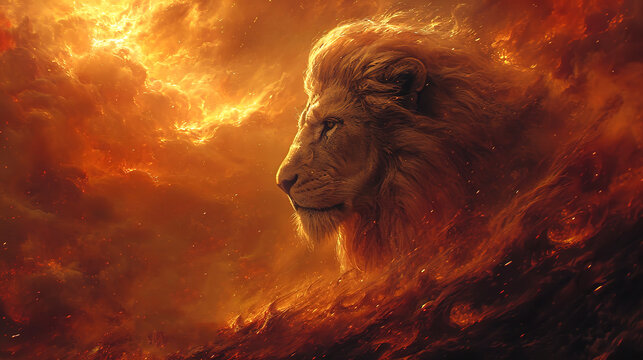 Portrait of a fire lion. AI
